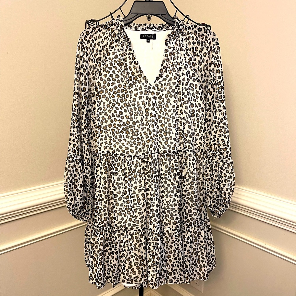 1 STATE Women's Long Sleeve Tiered Babydoll Dress White Cheetah Print Med NWT